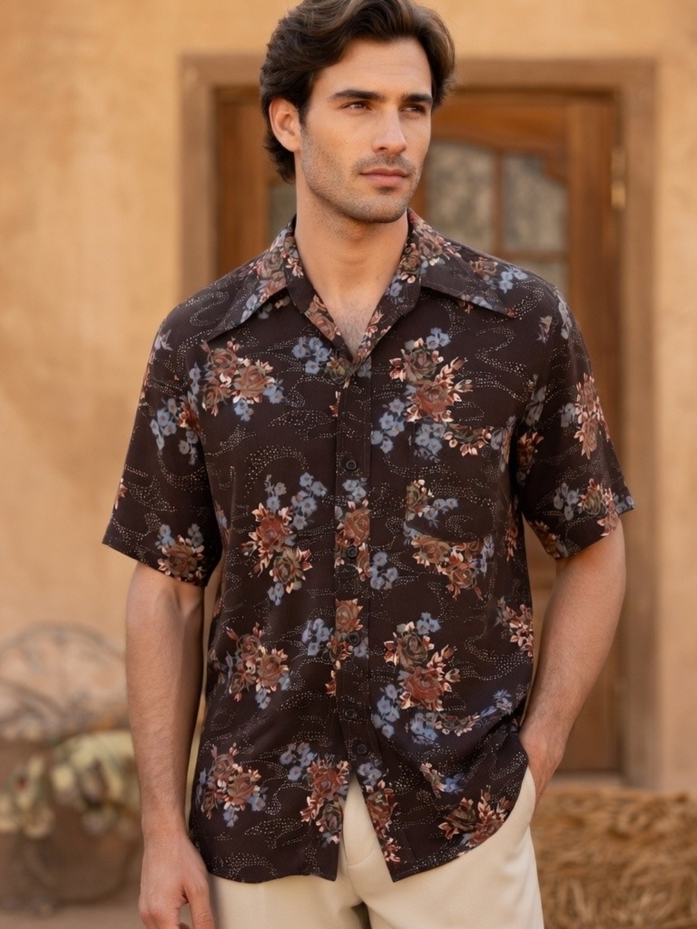 Sears Men's Vintage 70's Brown Floral Short-Sleeve Button-Up Shirt Size L
